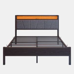Cama 140x200cm - Cabeceira com LED e USB, plataforma metálica resistente - Preto