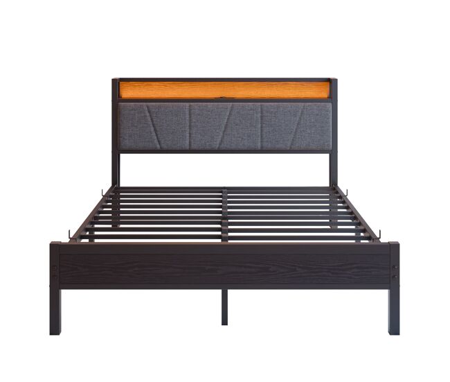 Cama 140x200cm - cabecero con led y usb, plataforma metálica resistente - negro