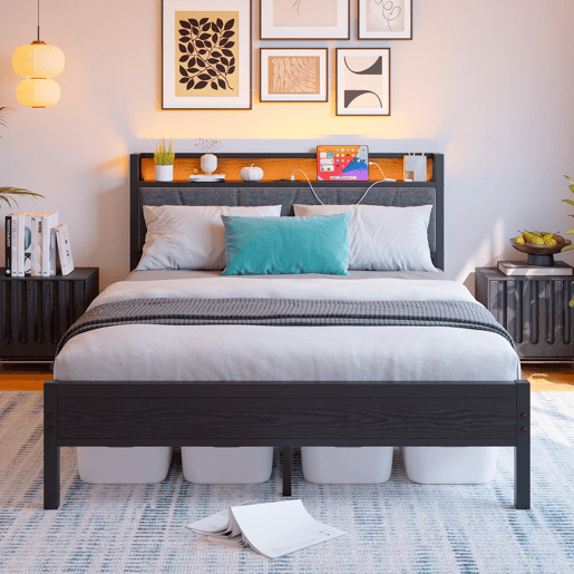 Cama 140x200cm - Cabeceira com LED e USB, plataforma metálica resistente - Preto