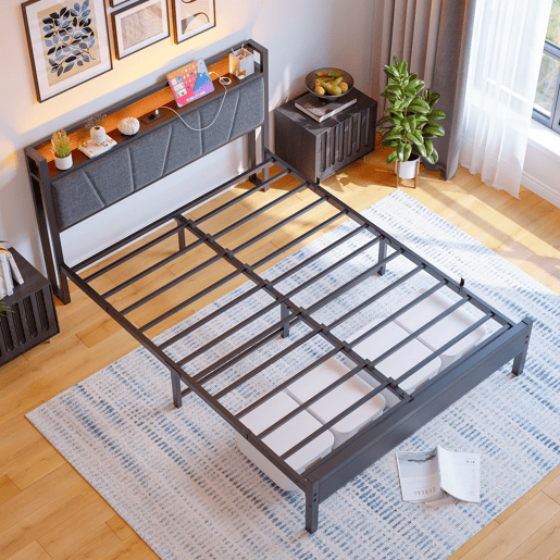 Cama 140x200cm - Cabeceira com LED e USB, plataforma metálica resistente - Preto