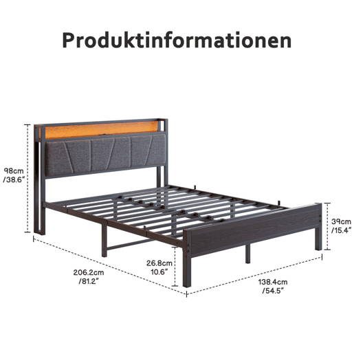 Cama 140x200cm - Cabeceira com LED e USB, plataforma metálica resistente - Preto