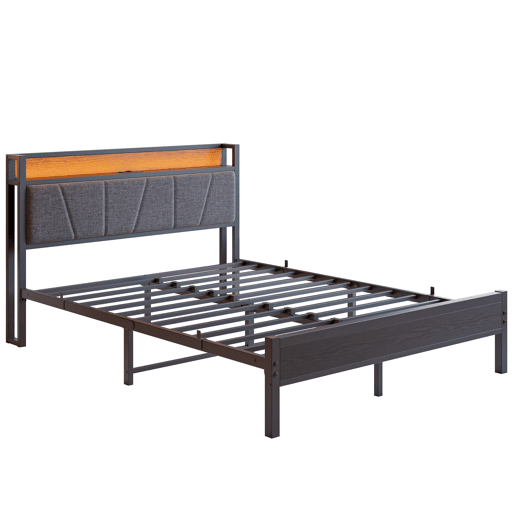 Cama 140x200cm - Cabeceira com LED e USB, plataforma metálica resistente - Preto