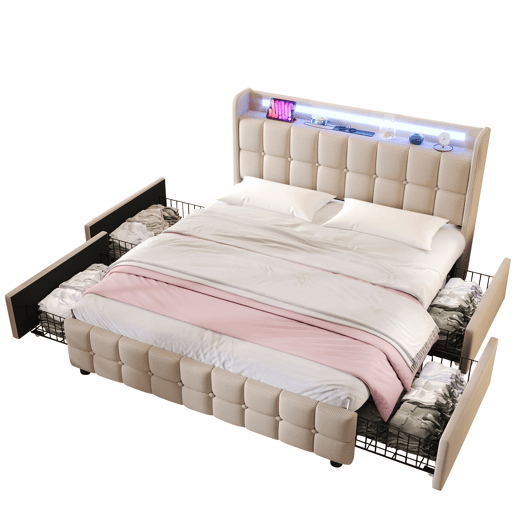 Cama estofada 140x200cm - Com função de carregamento USB, cabeceira com LED e 4 gavetas - Bege