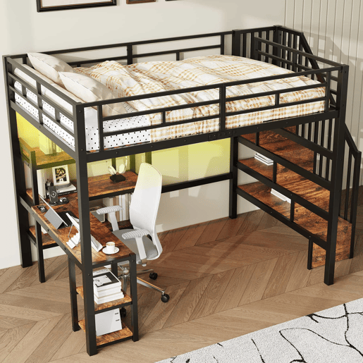 Cama alta em metal 140x200 - com escada, secretária integrada, arrumação, porta USB e luz LED - preta