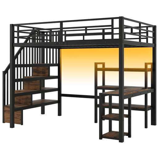Cama alta em metal 140x200 - com escada, secretária integrada, arrumação, porta USB e luz LED - preta