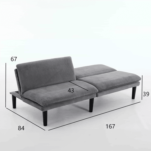 Sofá reclinável de 2 lugares - encosto ajustável a 106-140-180°, pés redondos em plástico preto, estofo tipo veludo acetinado, estrutura em ripas de madeira - Cinza
