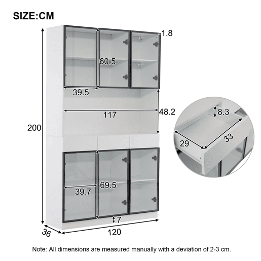Vitrine de vidro 200 cm - Com luzes LED, prateleira multiusos para coleção, branca - Moldura da porta preta