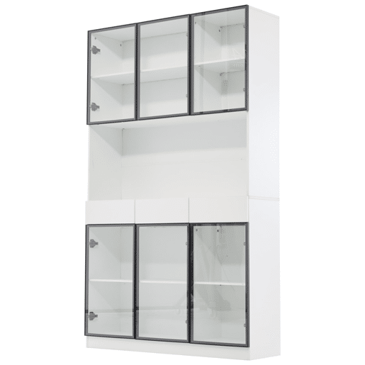 Vitrine de vidro 200 cm - Com luzes LED, prateleira multiusos para coleção, branca - Moldura da porta preta
