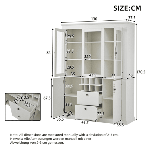 Vitrine 130x37,5x170,5 cm - 2 gavetas, 4 portas, LED, 8 garrafeiras - Branco
