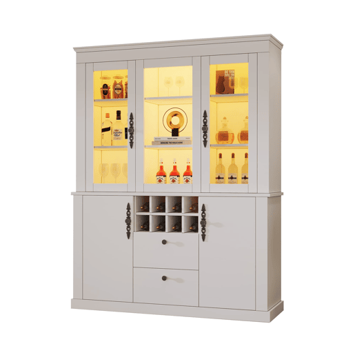 Vitrine 130x37,5x170,5 cm - 2 gavetas, 4 portas, LED, 8 garrafeiras - Branco