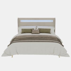Cama estofada 160x200 - cabeceira acolchoada com LED, base baixa sem arrumação - bege