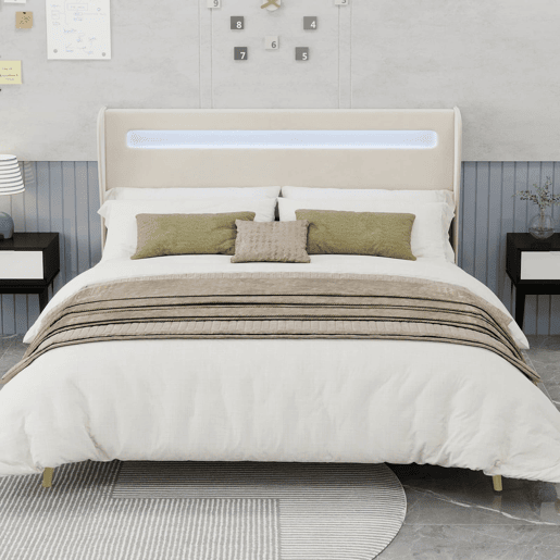 Cama estofada 160x200 - cabeceira acolchoada com LED, base baixa sem arrumação - bege