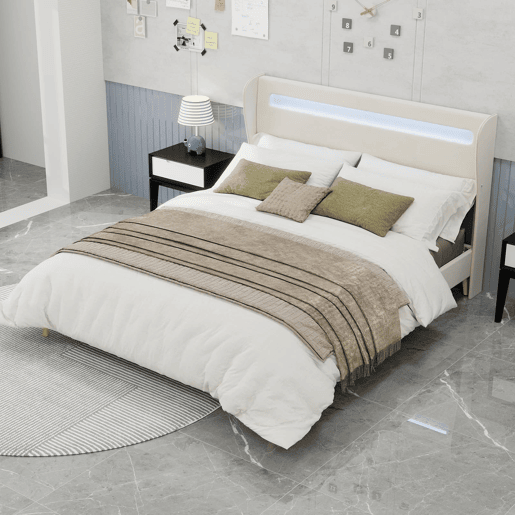 Cama estofada 160x200 - cabeceira acolchoada com LED, base baixa sem arrumação - bege