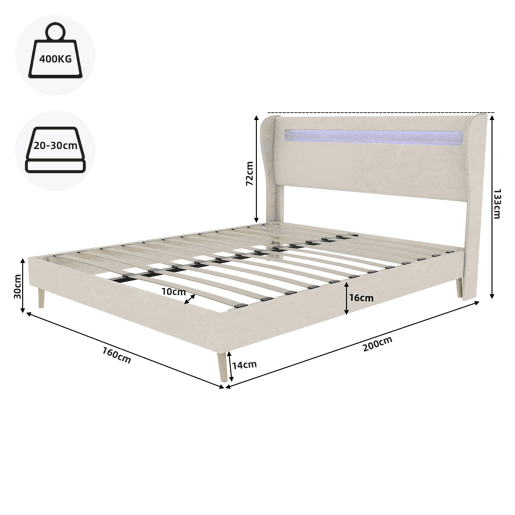 Cama estofada 160x200 - cabeceira acolchoada com LED, base baixa sem arrumação - bege