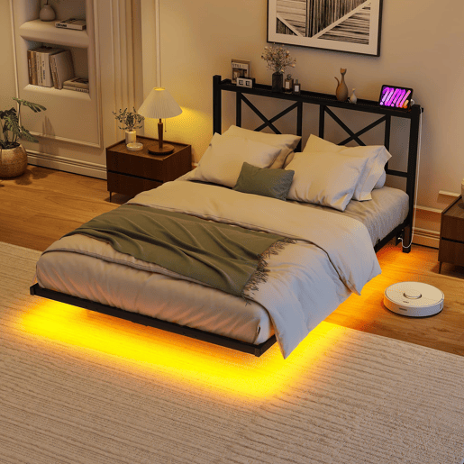 Cama de casal 120x200 cm - Estrutura metálica com LED e estação de carregamento, robusta - Preto