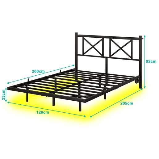 Cama de casal 120x200 cm - Estrutura metálica com LED e estação de carregamento, robusta - Preto