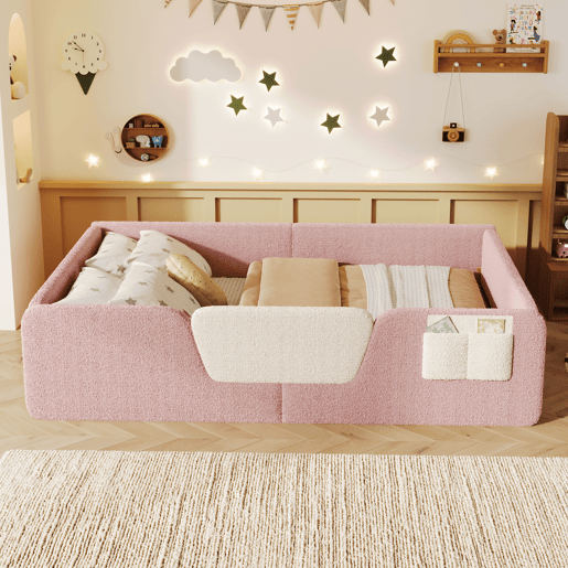 Cama estofada, 140x190 cm - Barreiras removíveis, bolso lateral, veludo único - Rosa
