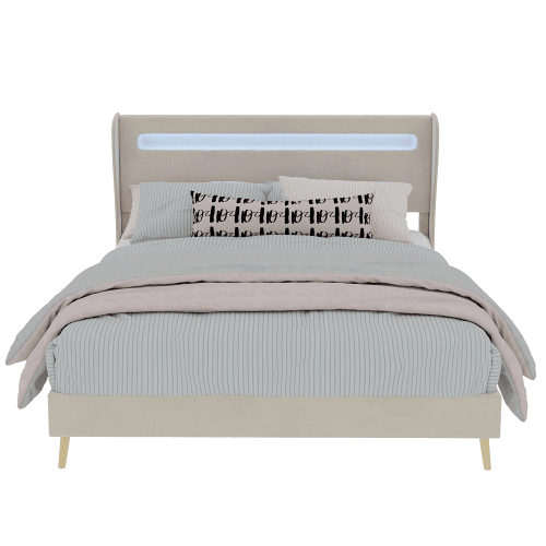 Cama estofada 140x200 - cabeceira macia com LED, base baixa sem arrumação - Bege