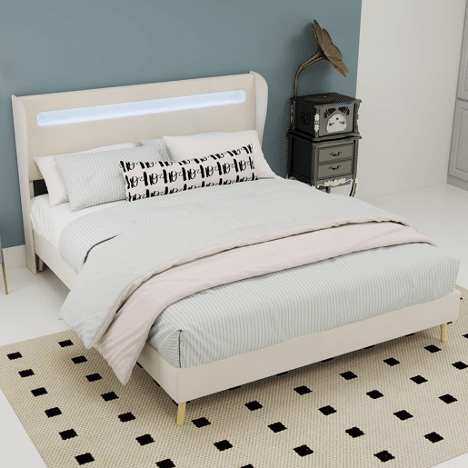 Cama estofada 140x200 - cabeceira macia com LED, base baixa sem arrumação - Bege