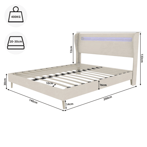 Cama estofada 140x200 - cabeceira macia com LED, base baixa sem arrumação - Bege