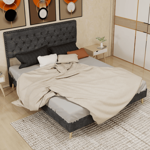 Cama moderna minimalista 160x200 - cabeceira confortável e macia, estrutura baixa - cinzenta