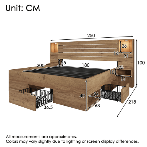 Cama de casal 180x200 cm - LED, USB, mesas de cabeceira suspensas, arrumação debaixo da cama - Carvalho