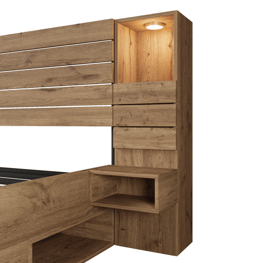 Cama de casal 180x200 cm - LED, USB, mesas de cabeceira suspensas, arrumação debaixo da cama - Carvalho