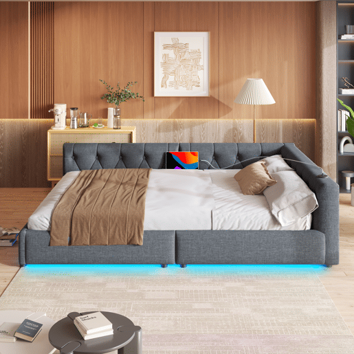 Sofá-cama 140x200 cm - com estrado, sem colchão, iluminação ambiente com comando, cabeceira acolchoada, USB+Tipo-C, linho - cinzento