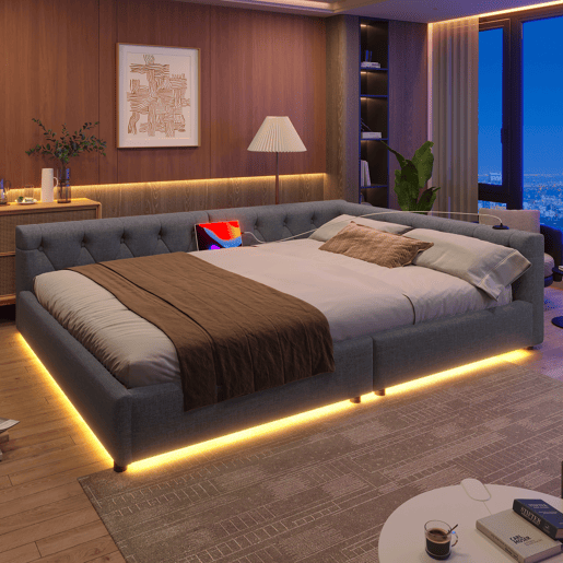 Sofá-cama 140x200 cm - com estrado, sem colchão, iluminação ambiente com comando, cabeceira acolchoada, USB+Tipo-C, linho - cinzento