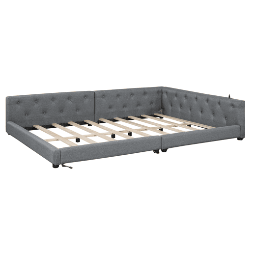 Sofá-cama 140x200 cm - com estrado, sem colchão, iluminação ambiente com comando, cabeceira acolchoada, USB+Tipo-C, linho - cinzento