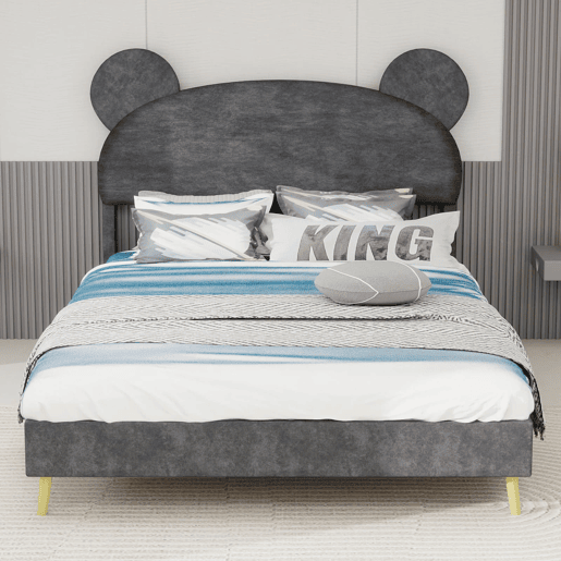 Cama infantil estofada 140x200 - Cabeceira macia com desenhos, base baixa sem arrumação - Cinza