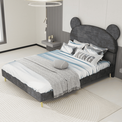Cama infantil estofada 140x200 - Cabeceira macia com desenhos, base baixa sem arrumação - Cinza