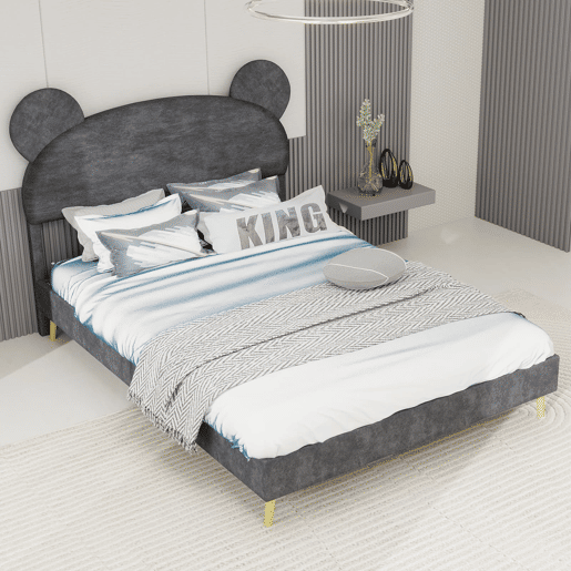 Cama infantil estofada 140x200 - Cabeceira macia com desenhos, base baixa sem arrumação - Cinza