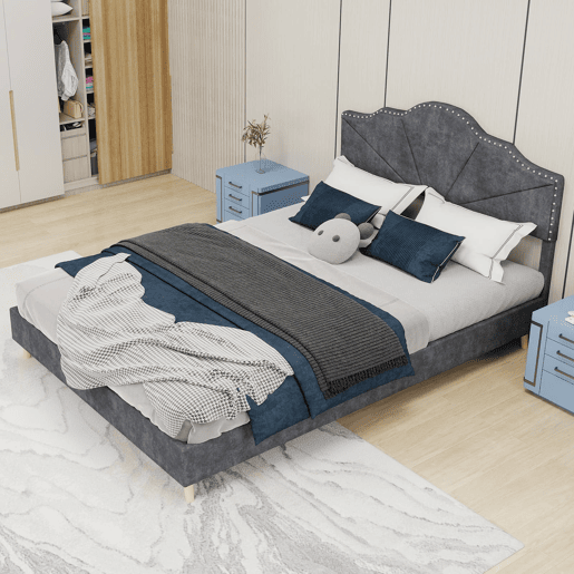 Cama estofada 140x200 - cabeceira macia e confortável, estrutura baixa - cinzenta