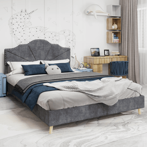 Cama estofada 140x200 - cabeceira macia e confortável, estrutura baixa - cinzenta