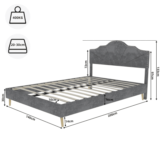 Cama estofada 140x200 - cabeceira macia e confortável, estrutura baixa - cinzenta