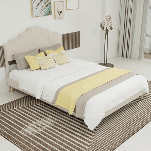 Cama estofada 140x200 - Moderna, cabeceira suave e confortável, estrutura baixa - Bege