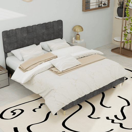 Cama estofada minimalista 140x200 - cabeceira suave, base baixa, multifuncional - Cinza Cama estofada minimalista 140x200 - cabeceira suave, base baixa, multifuncional - Cinza