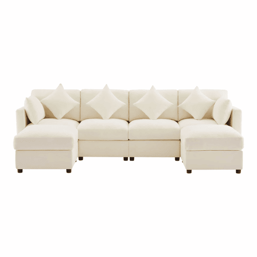Sofá modular de 6 lugares - UL convertível, chenille, 2 pufes, braços ajustáveis, 4 almofadas e 2 apoios de cabeça - Bege