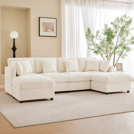 Sofá modular de 6 lugares - UL convertível, chenille, 2 pufes, braços ajustáveis, 4 almofadas e 2 apoios de cabeça - Bege