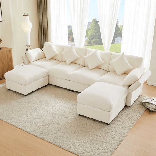 Sofá modular de 6 lugares - UL convertível, chenille, 2 pufes, braços ajustáveis, 4 almofadas e 2 apoios de cabeça - Bege