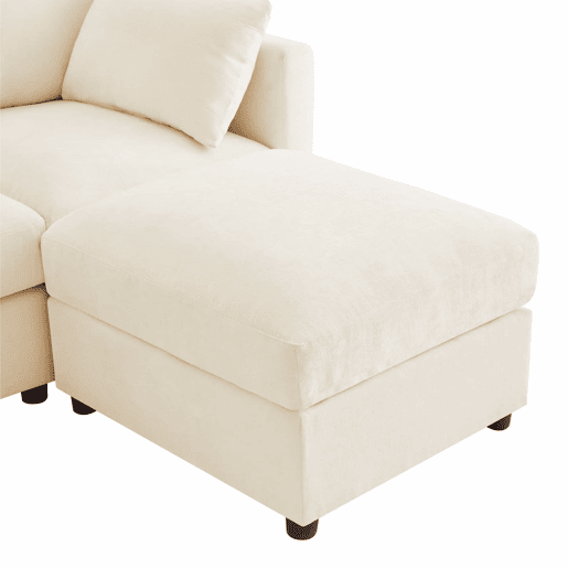 Sofá modular de 6 lugares - UL convertível, chenille, 2 pufes, braços ajustáveis, 4 almofadas e 2 apoios de cabeça - Bege