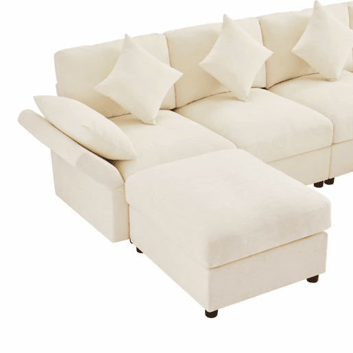 Sofá modular de 6 lugares - UL convertível, chenille, 2 pufes, braços ajustáveis, 4 almofadas e 2 apoios de cabeça - Bege
