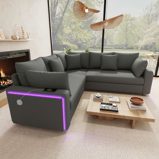 Sofá de canto em L com 5 lugares - LED, porta USB, tecido de veludo cotelê macio e almofadas incluídas - Cinza Sofá de canto em L com 5 lugares - LED, porta USB, tecido de veludo cotelê macio e almofadas incluídas - Cinza