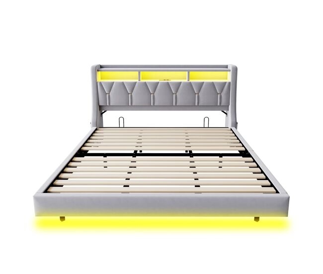 Cama tapizada 180 x 200 cm - respaldo abatible con enchufe y compartimento, iluminación led, patas anchas, diseño flotante, terciopelo gris claro