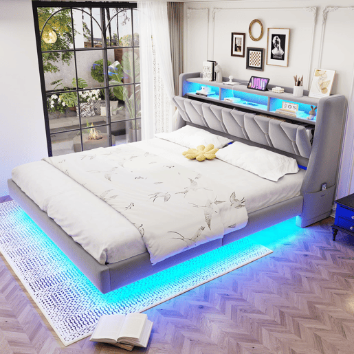 Cama estofada 180 x 200 cm - Encosto rebatível com tomada e compartimento, iluminação LED, pés largos, design flutuante, veludo cinza claro