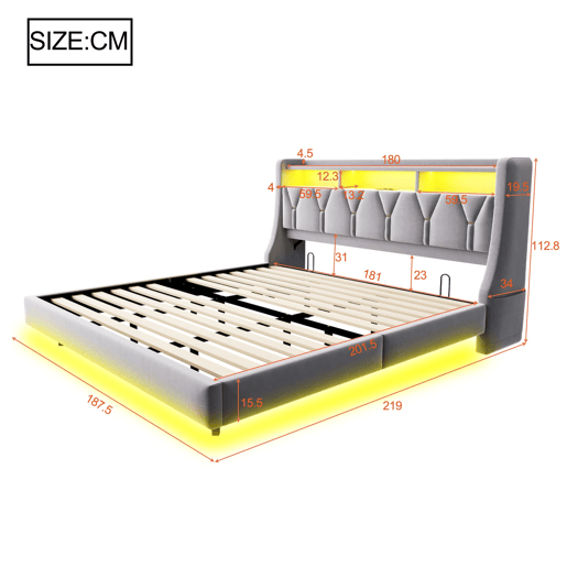 Cama estofada 180 x 200 cm - Encosto rebatível com tomada e compartimento, iluminação LED, pés largos, design flutuante, veludo cinza claro