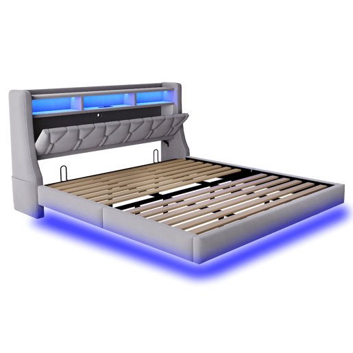 Cama estofada 180 x 200 cm - Encosto rebatível com tomada e compartimento, iluminação LED, pés largos, design flutuante, veludo cinza claro