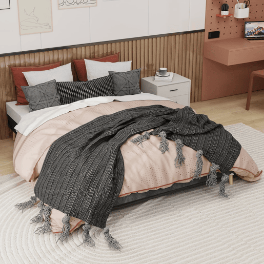 Cama minimalista moderna 160x200 - Base baixa, veludo holandês cinzento - Cinza