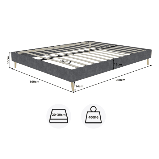 Cama minimalista moderna 160x200 - Base baixa, veludo holandês cinzento - Cinza